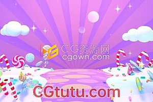 儿童节目卡通甜紫色糖果世界可爱拐杖糖伞与白色融化的奶油背景素材下载