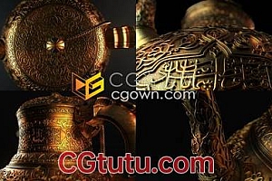 4K分辨率古代黄金纹理图案细节水壶包括4种不同角度动画-视频素材下载