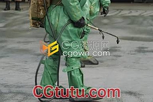 穿着防护服工人在户外喷洒消毒液杀列冠状病毒操作画布实拍视频素材