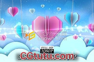 视频素材-3种粉红色折纸心形悬挂蓝云循环动画美丽浪漫情人动态背景素材
