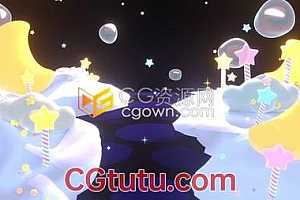 卡通视频素材-雪地发光星星拐杖糖月亮气泡儿童电视节目童话背景素材