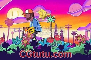 视频素材-2D卡通绘画风格人物踩着单车在日落风景循环背景视频