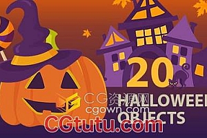 视频素材-Halloween万圣节装饰元素视频蝙蝠爬行头骨巫师帽南瓜图形动画