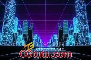 3D网格发光霓虹灯数码城市建筑背景循环视频素材下载