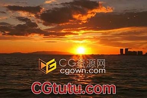延时拍摄水平面上的日落黄昏夕阳西下天上的云彩和大海景观