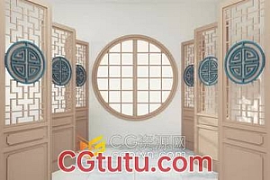 视频素材-极具东方美韵中国风元素穿过中式房间木质屏风装饰圆窗打开背景