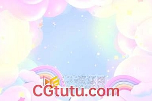 视频素材-轻微相机旋转穿过卡通柔和梦幻彩虹云和星星动画背景