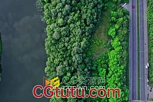 绿色夏日森林和蓝河之间道路无人机航拍视频素材