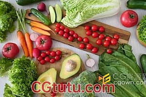 视频素材-实拍特写桌上的新鲜蔬菜水果顶视图