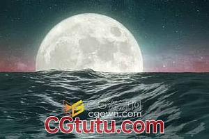夜晚海上满月CG场景动画背景视频素材4K分辨率