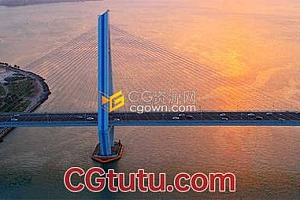 俯瞰海南世纪跨海大桥夕阳车流实拍视频